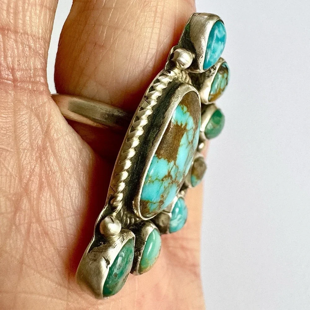 Navajo Turquoise Ring Half Cluster Sz7 Adj Sterling Signed G James Native Amer
